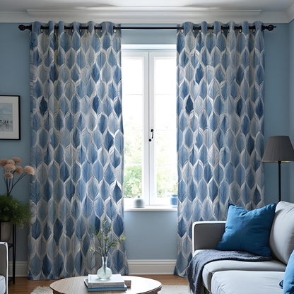 Blue Geometric Leaf Curtains, Modern Pattern Window Drapes