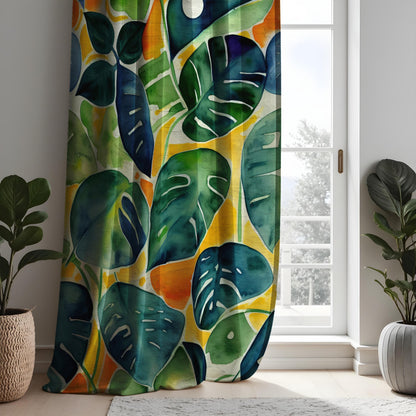 Green Monstera Leaf Curtains, Watercolor Tropical Drapes