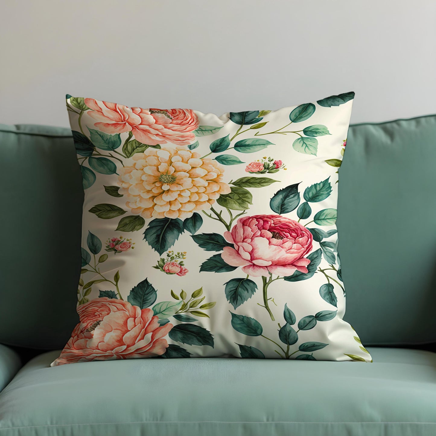 Peony Dahlia Cushion Cover, Blush & Yellow Flowers Throw Pillow Cover
