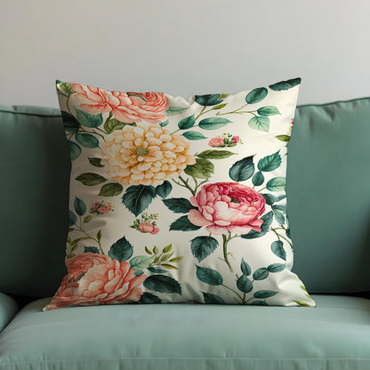 Peony Dahlia Cushion Cover, Blush & Yellow Flowers Throw Pillow Cover