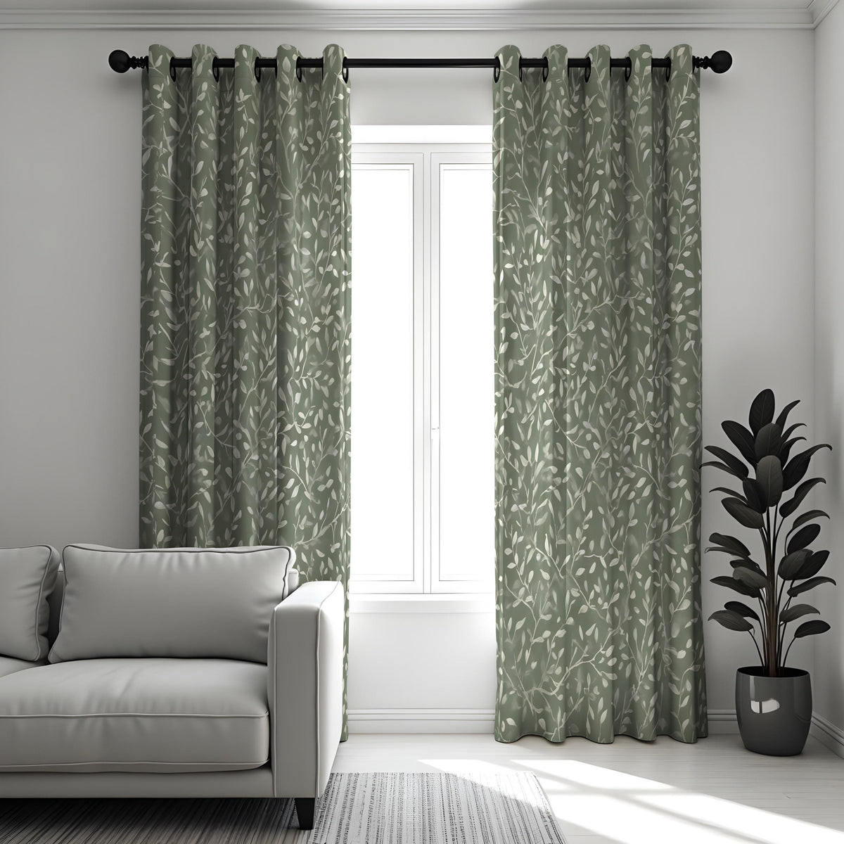 Green Botanical Leaf Print Curtains, Fresh Nature Drapes
