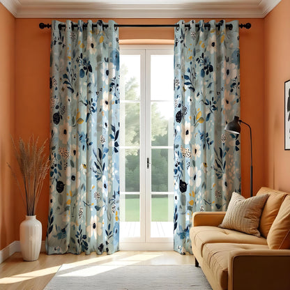 Light Blue Floral Curtains, Navy & White Botanical Drapes