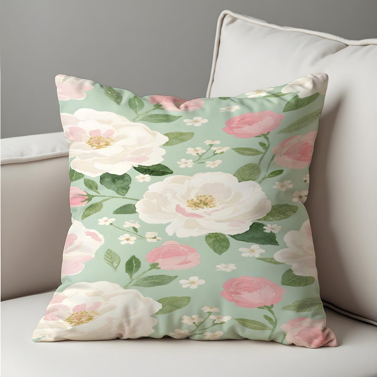 Watercolour Rose Cushion Cover, Sage Green Pillow Case