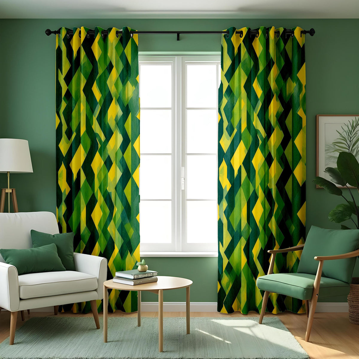 Yellow Green Geometric Curtains, Modern Abstract Drapes