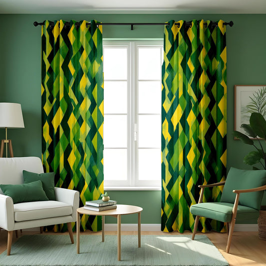 Yellow Green Geometric Curtains, Modern Abstract Drapes
