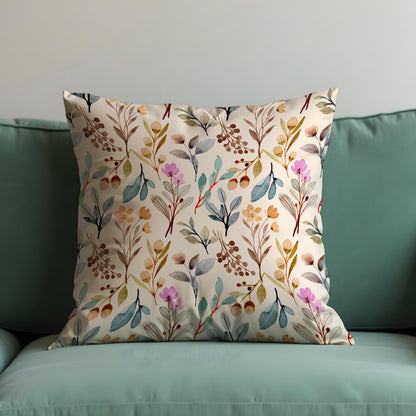 Watercolor Botanical Throw Cushion Cover, Soft Beige Pillow Case