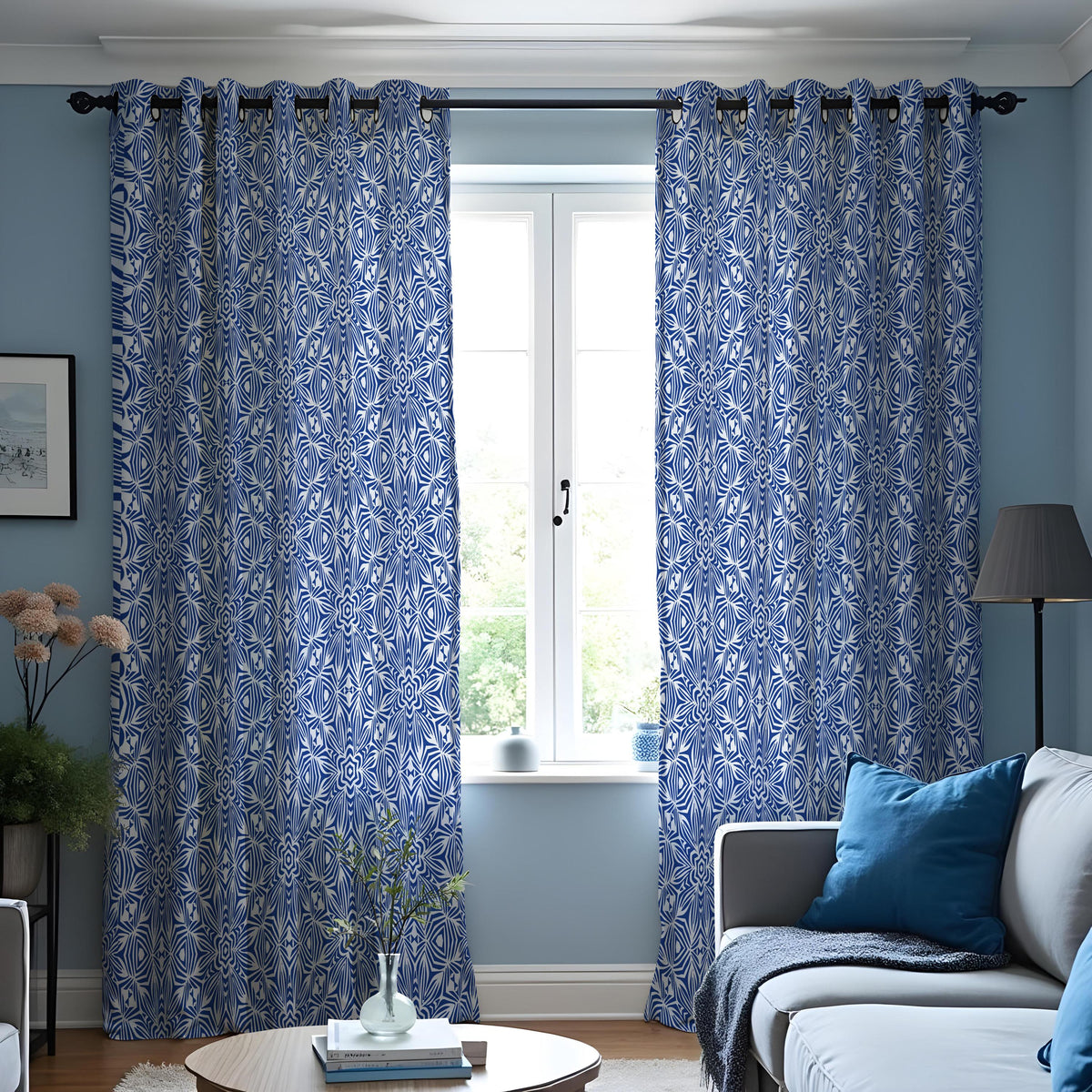 Navy & White Geometric Curtains, Mediterranean Style Drapes
