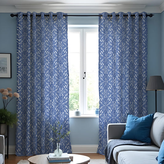 Navy & White Geometric Curtains, Mediterranean Style Drapes