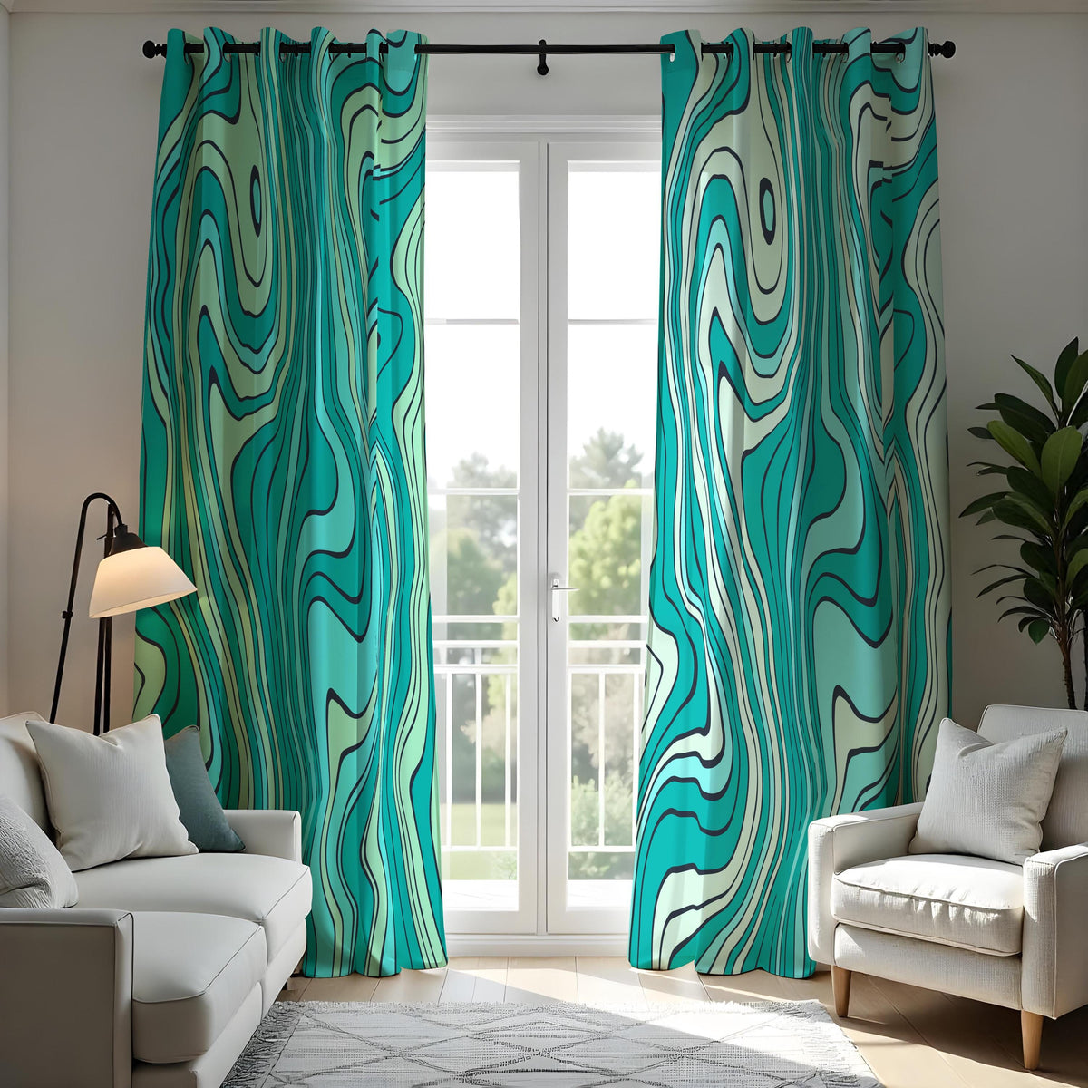 Turquoise Wavy Curtains, Aqua Green Abstract Pattern Drapes