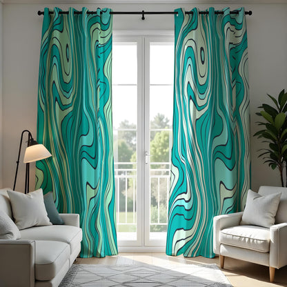 Turquoise Wavy Curtains, Aqua Green Abstract Pattern Drapes