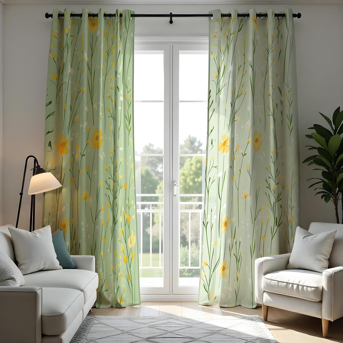 Light Green Meadow Curtains, Yellow Wildflower Drapes