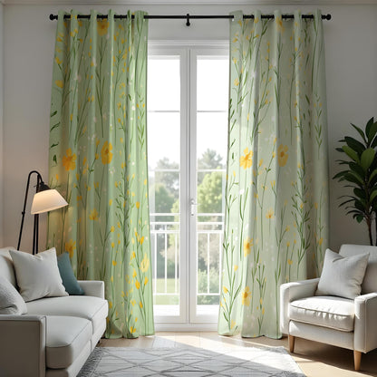 Light Green Meadow Curtains, Yellow Wildflower Drapes