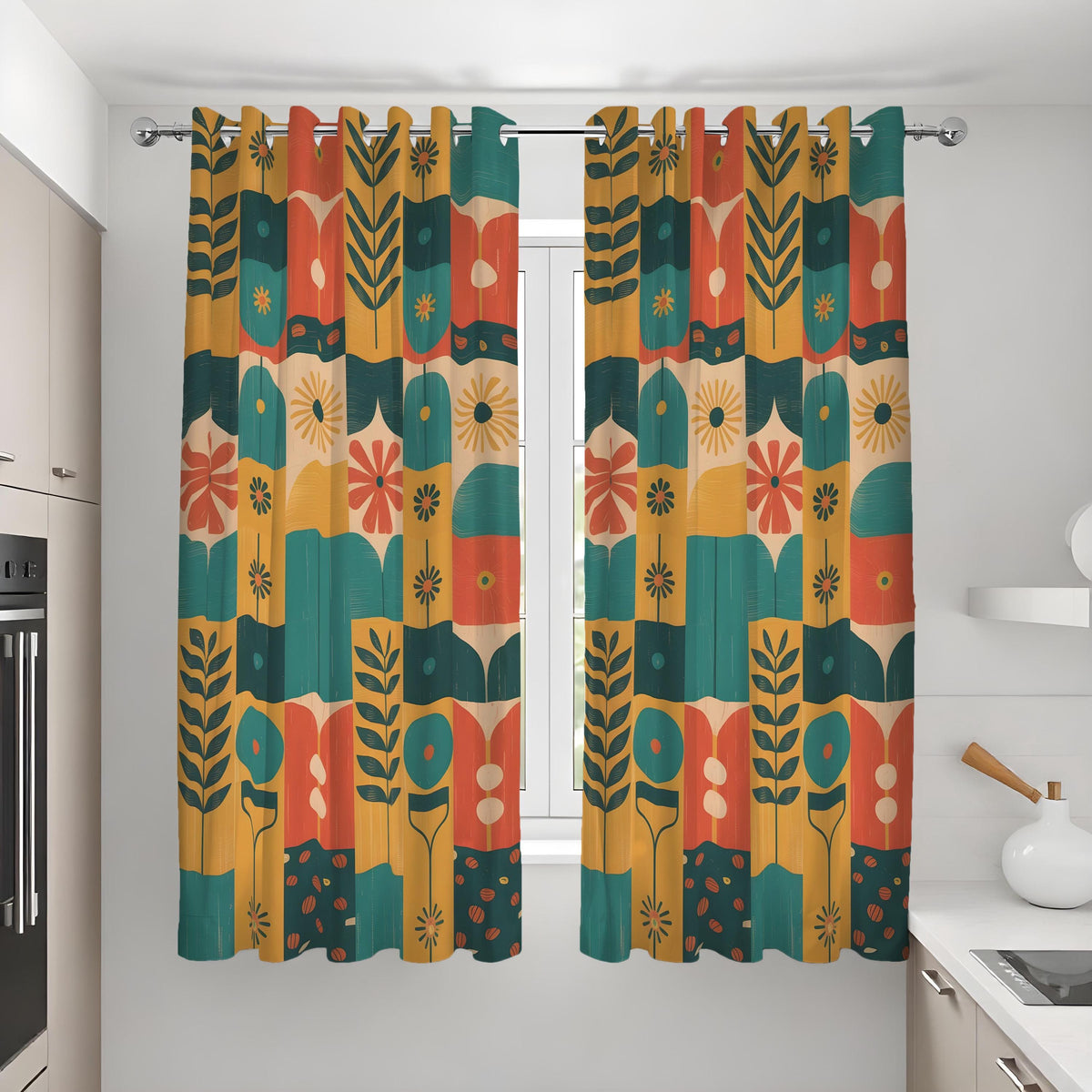 Teal Mustard Orange Mid Century Floral Curtains, Retro Drapes