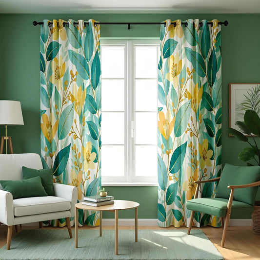 Green Tropical Leaf Curtains, Yellow Floral Botanical Drapes