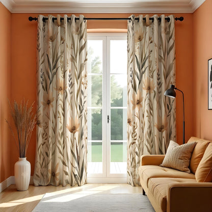 Beige Neutral Floral Curtains, Botanical Pattern Drapes