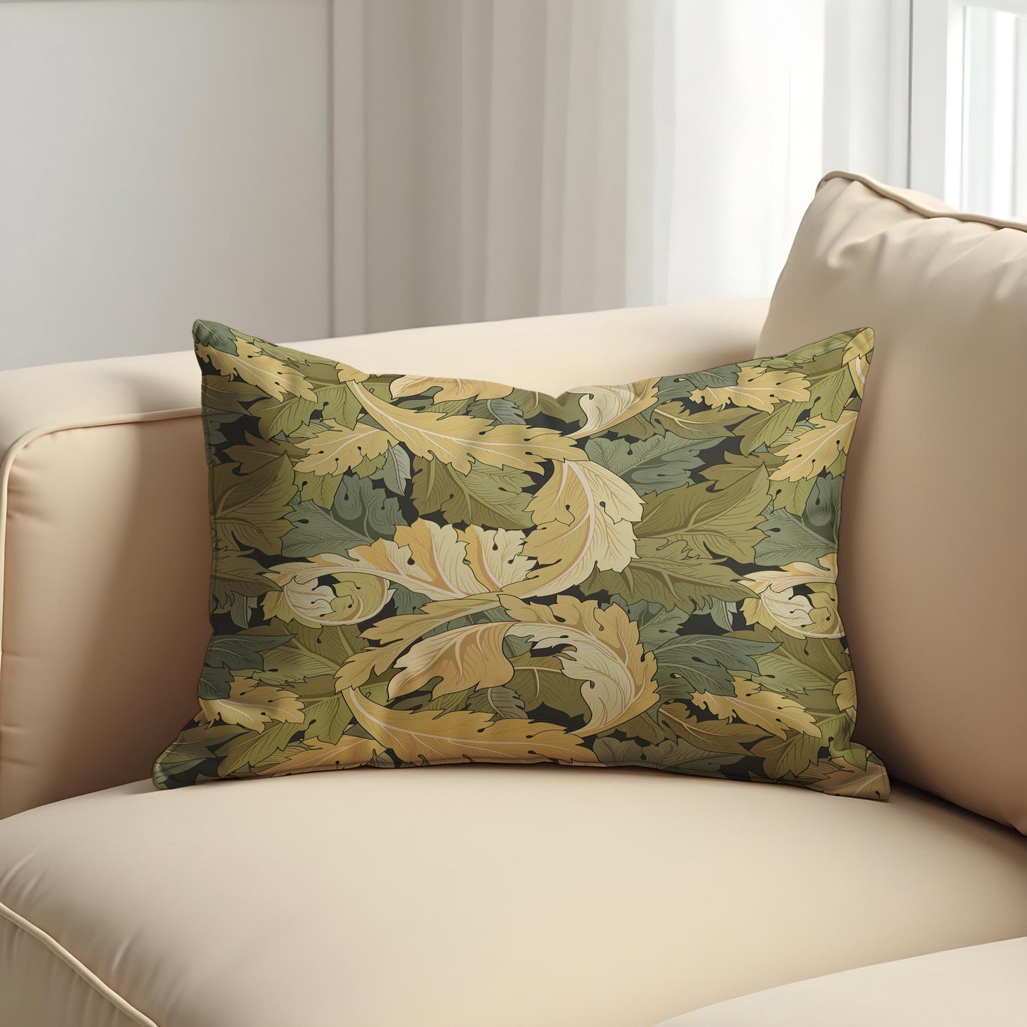 Mustard Leaf  Cushion Cover, Autumn Botanical Scroll Pillow Cover