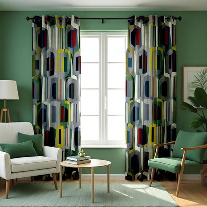 Mid Century Modern Geometric Curtains, Retro Window Drapes
