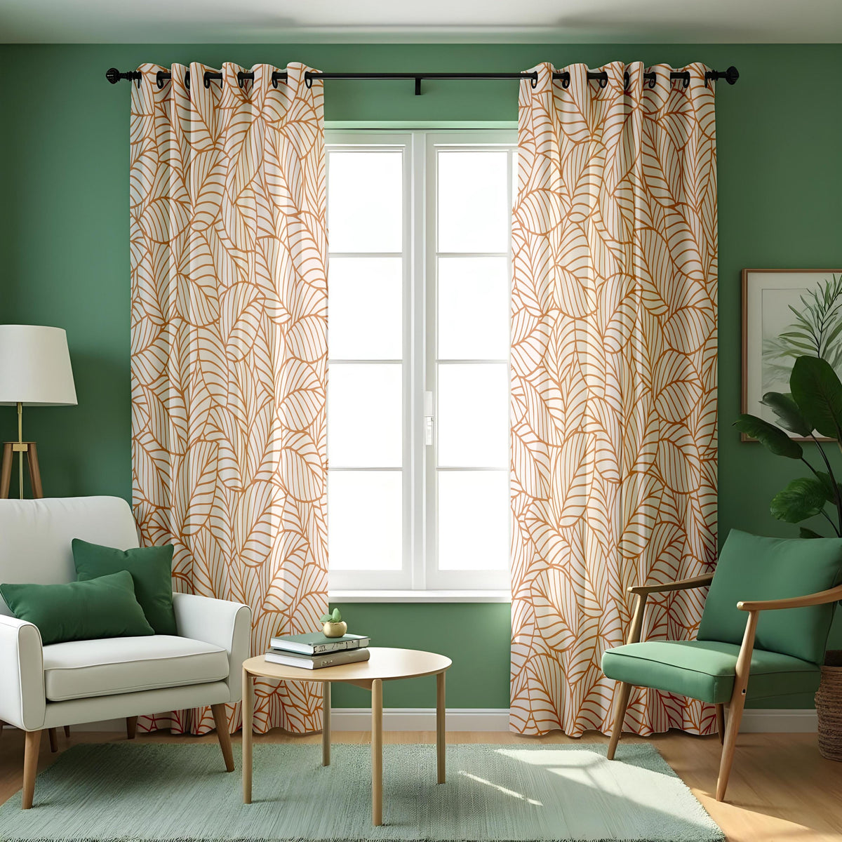Beige Minimalist Botanical Curtains, Line Leaf Drapes