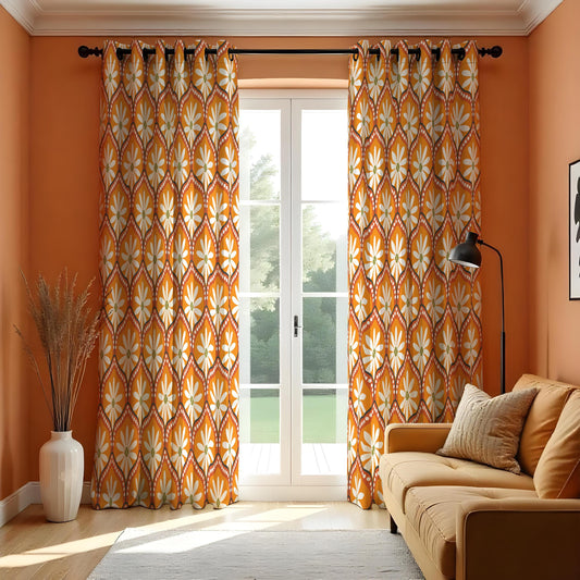 Burnt Orange Retro Daisy Curtains, 70s Floral Drapes