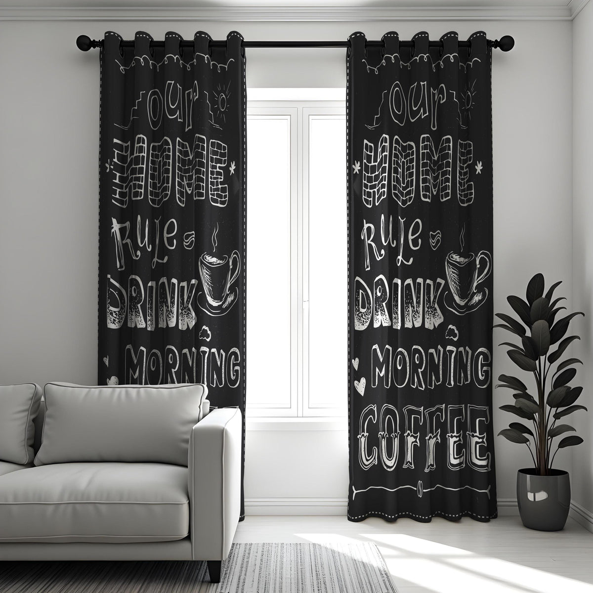 Black Coffee Kitchen Curtains, Funny Quote Cafe Drapes