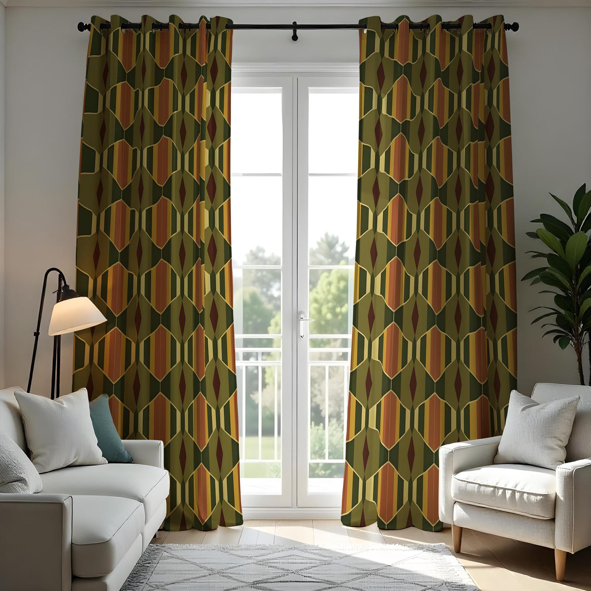 Olive Mustard Brown Retro Curtains, Mid Century Drapes