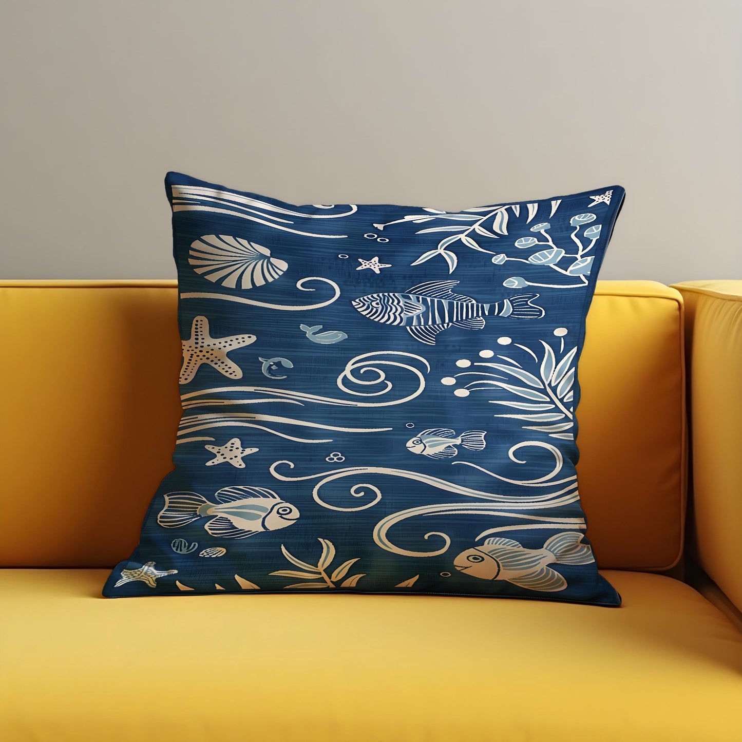 Nautical Ocean Theme Cushion, Blue Sea Life Throw Pillow Cover