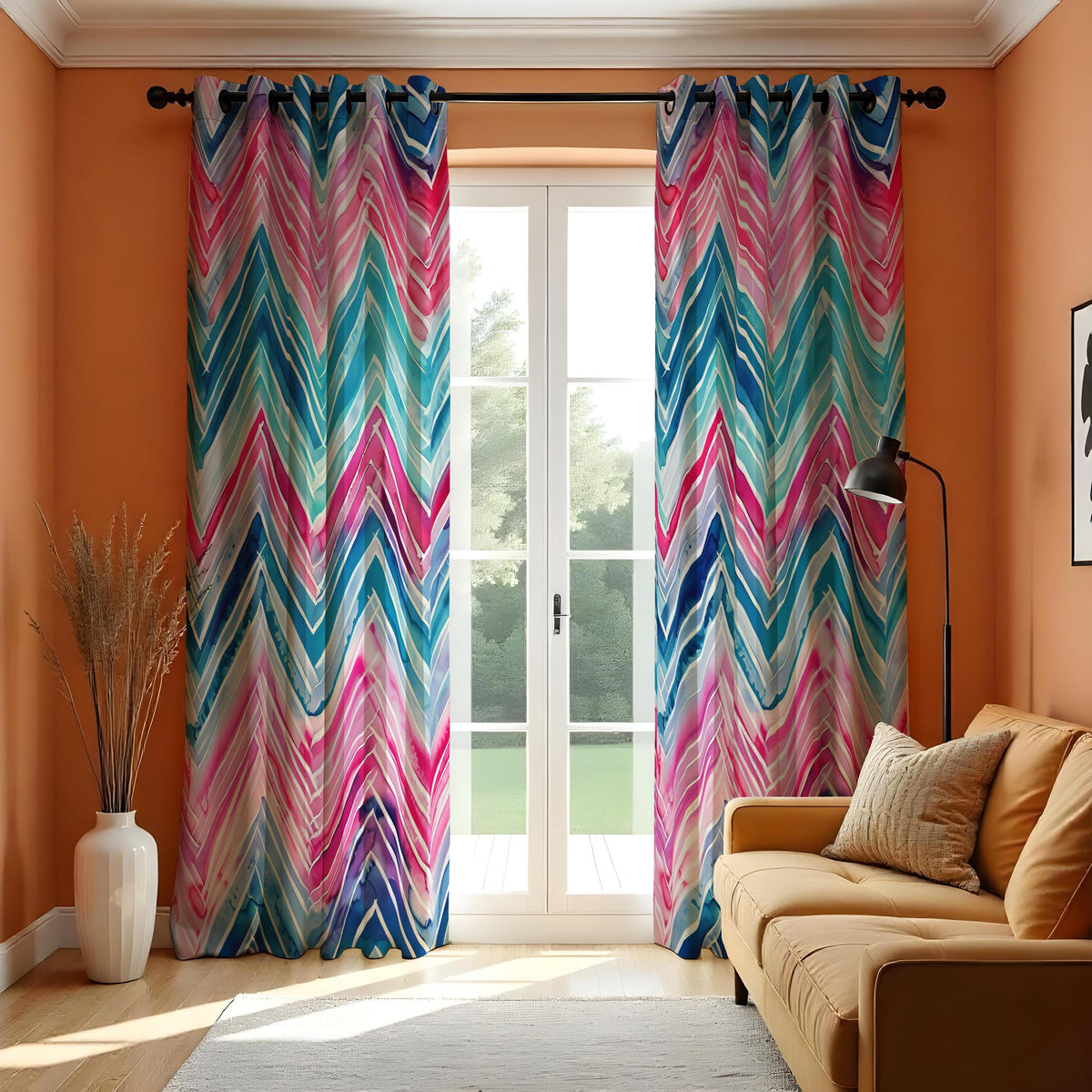 Pink Blue Teal Chevron Curtains, Watercolor Pattern Drapes