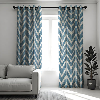 Blue Chevron Kitchen Curtains, Aqua Leaf Cafe Drapes