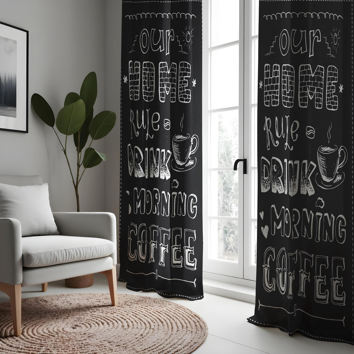 Black Coffee Kitchen Curtains, Funny Quote Cafe Drapes
