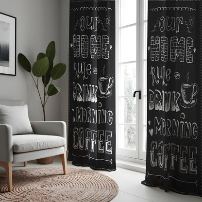 Black Coffee Kitchen Curtains, Funny Quote Cafe Drapes