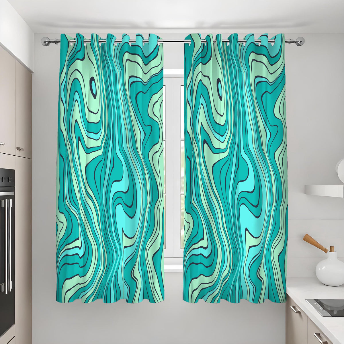 Turquoise Wavy Curtains, Aqua Green Abstract Pattern Drapes
