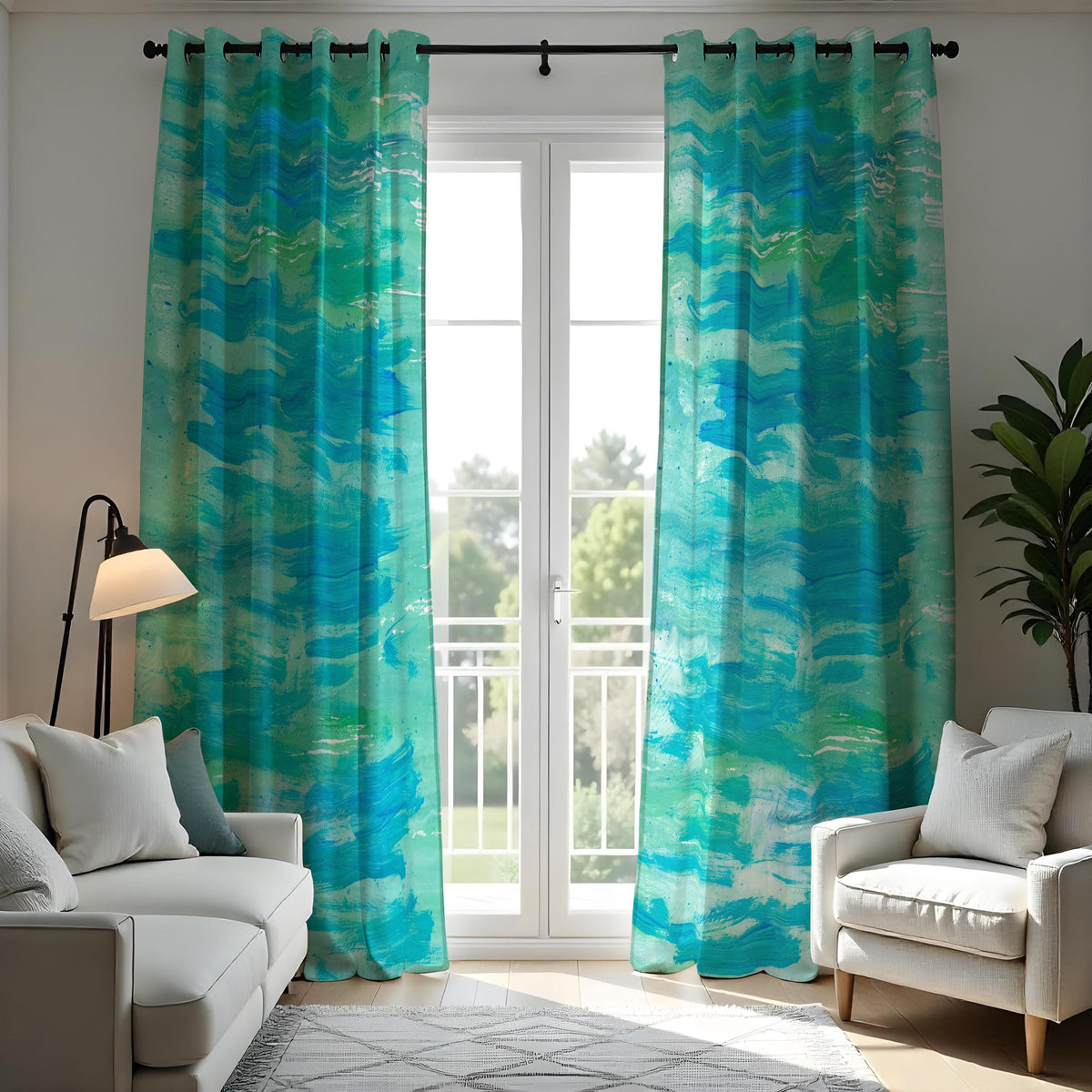 Aqua Blue Ocean Wave Curtains, Watercolor Coastal Drapes