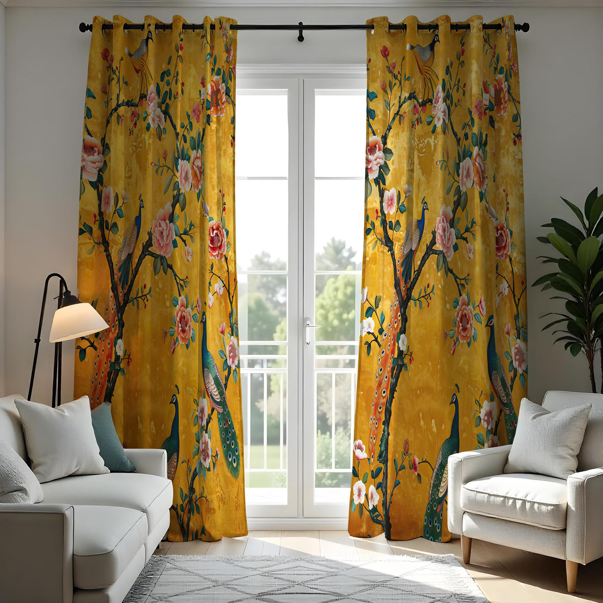 Yellow Chinoiserie Peacock Curtains, Floral Window Drapes