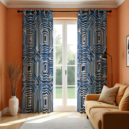 Blue Optical Illusion Curtains, 3D Maze Geometric Drapes