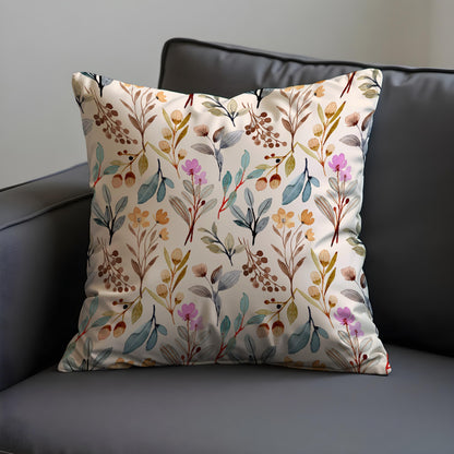 Watercolor Botanical Throw Cushion Cover, Soft Beige Pillow Case