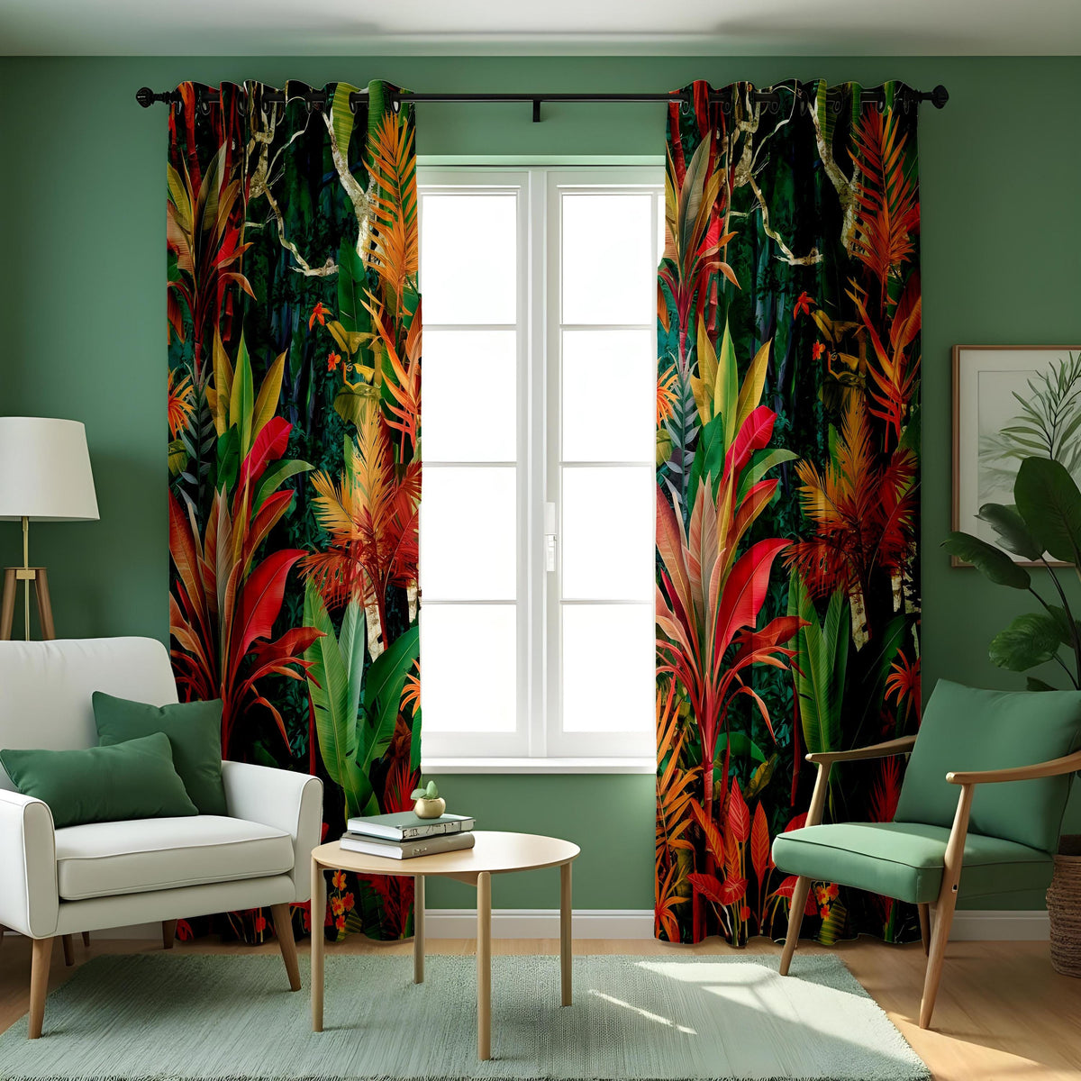 Colorful Jungle Leaf Curtains, Exotic Tropical Drapes