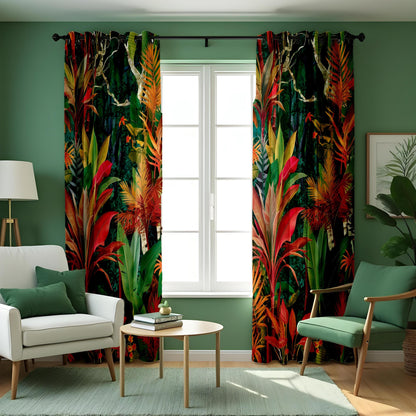 Colorful Jungle Leaf Curtains, Exotic Tropical Drapes