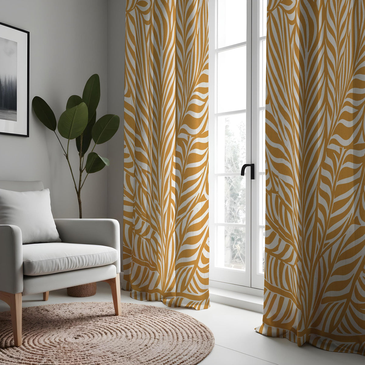Mustard Yellow Botanical Leaf Curtains, Custom Window Drapes