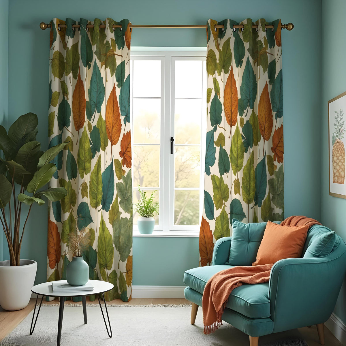 Green & Orange Autumn Leaf Curtains, Botanical Drapes