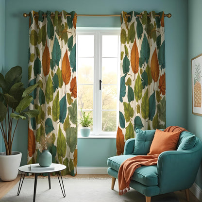 Green & Orange Autumn Leaf Curtains, Botanical Drapes