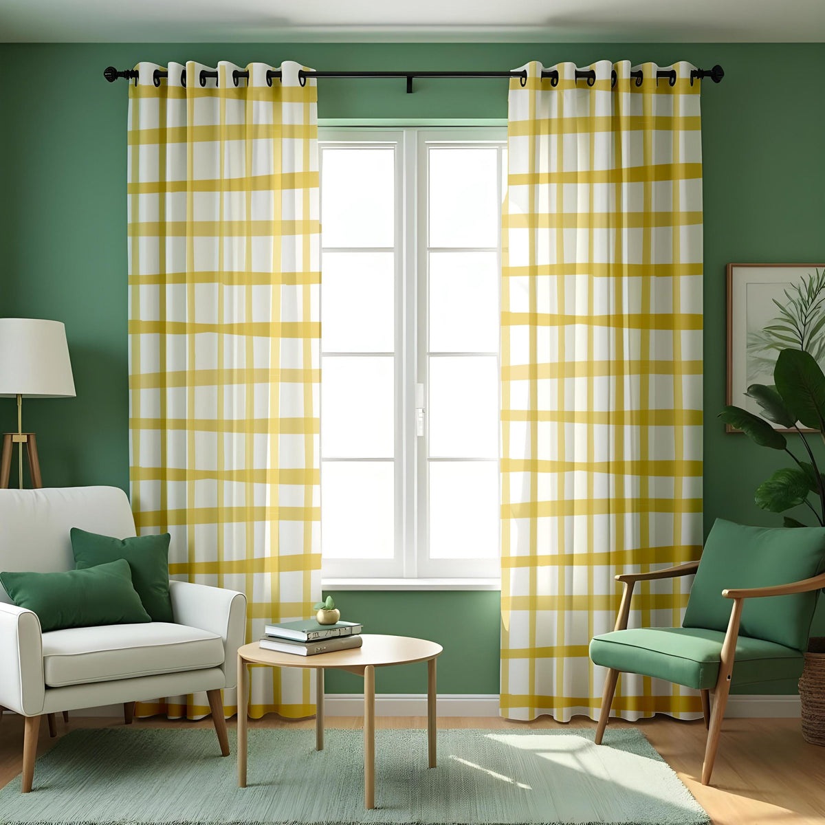 Yellow Wavy Checkered Curtains, Retro Mid Century Drapes