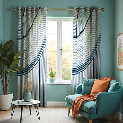Navy & White Wave Stripe Curtains, Modern Minimalist Drapes