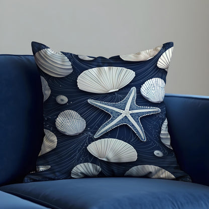 Nautical Seashell Starfish Cushion Cover, Coastal Beach Decor Pillow Case