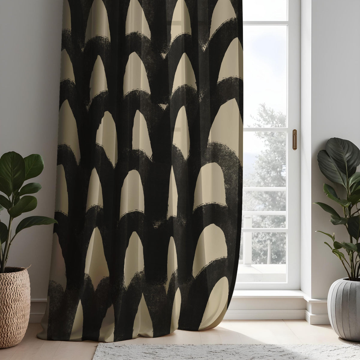Black Beige Brushstroke Curtains, Abstract Geometric Drapes