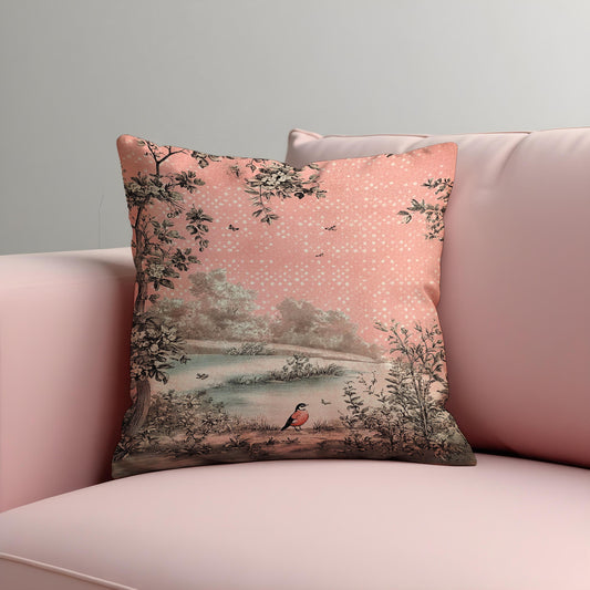 Pink Scenic Bird Cushion Cover, Landscape Pillow Case