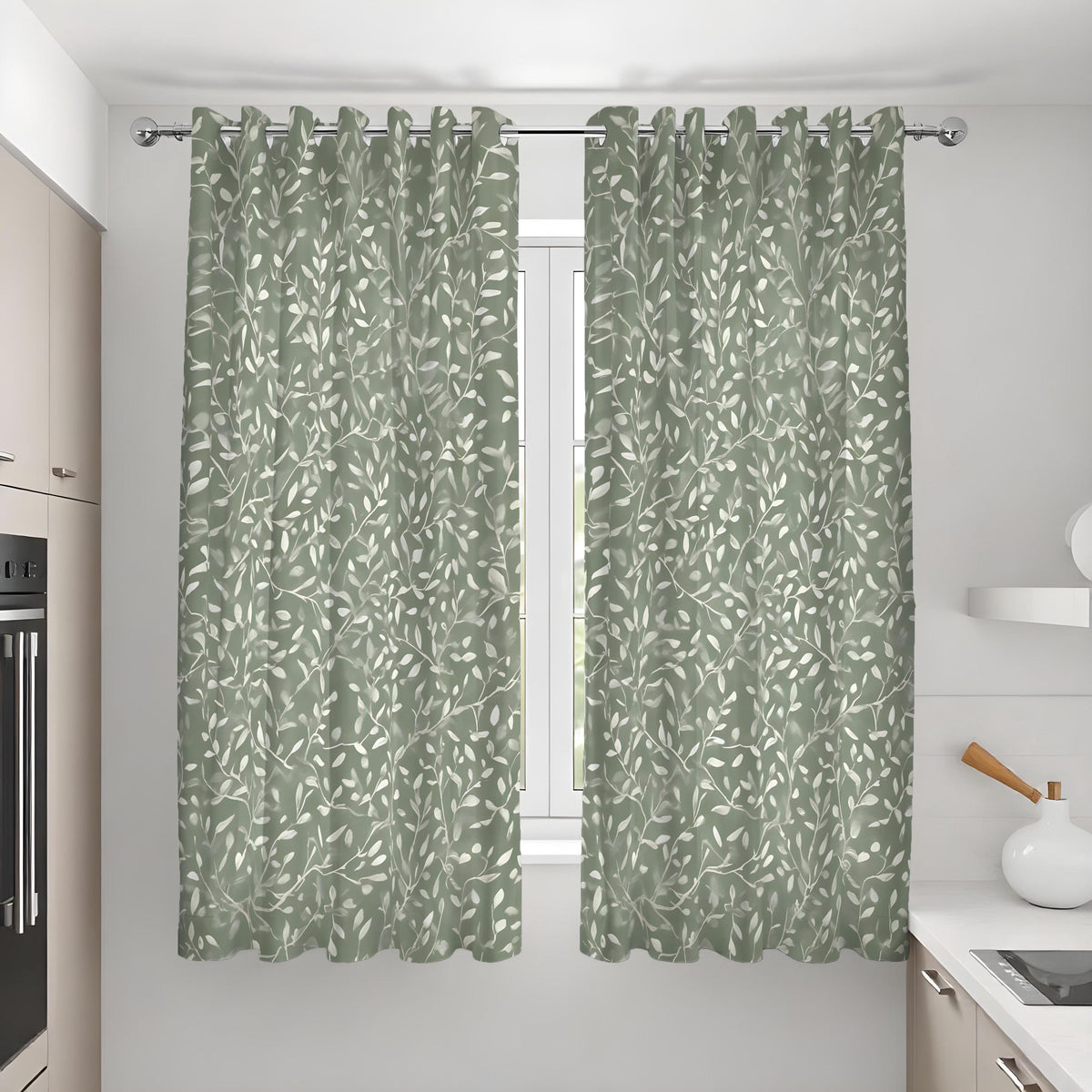 Green Botanical Leaf Print Curtains, Fresh Nature Drapes