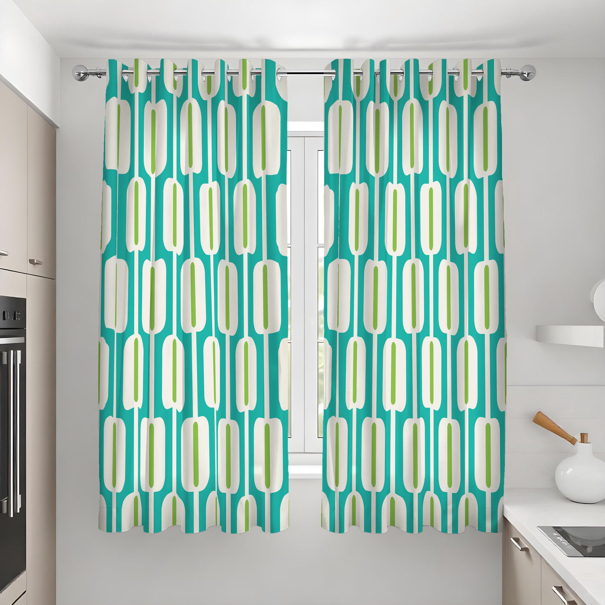 Teal & Lime Retro Geometric Curtains, Mid Century Drapes