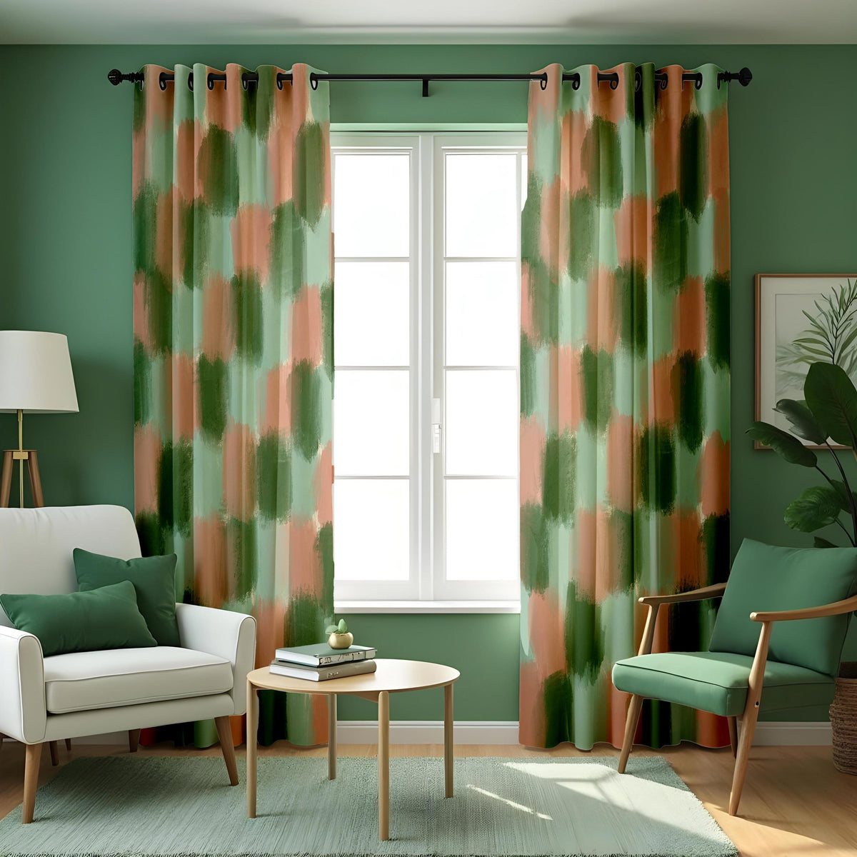 Green and Peach Brushstroke Curtains, Abstract Art Drapes