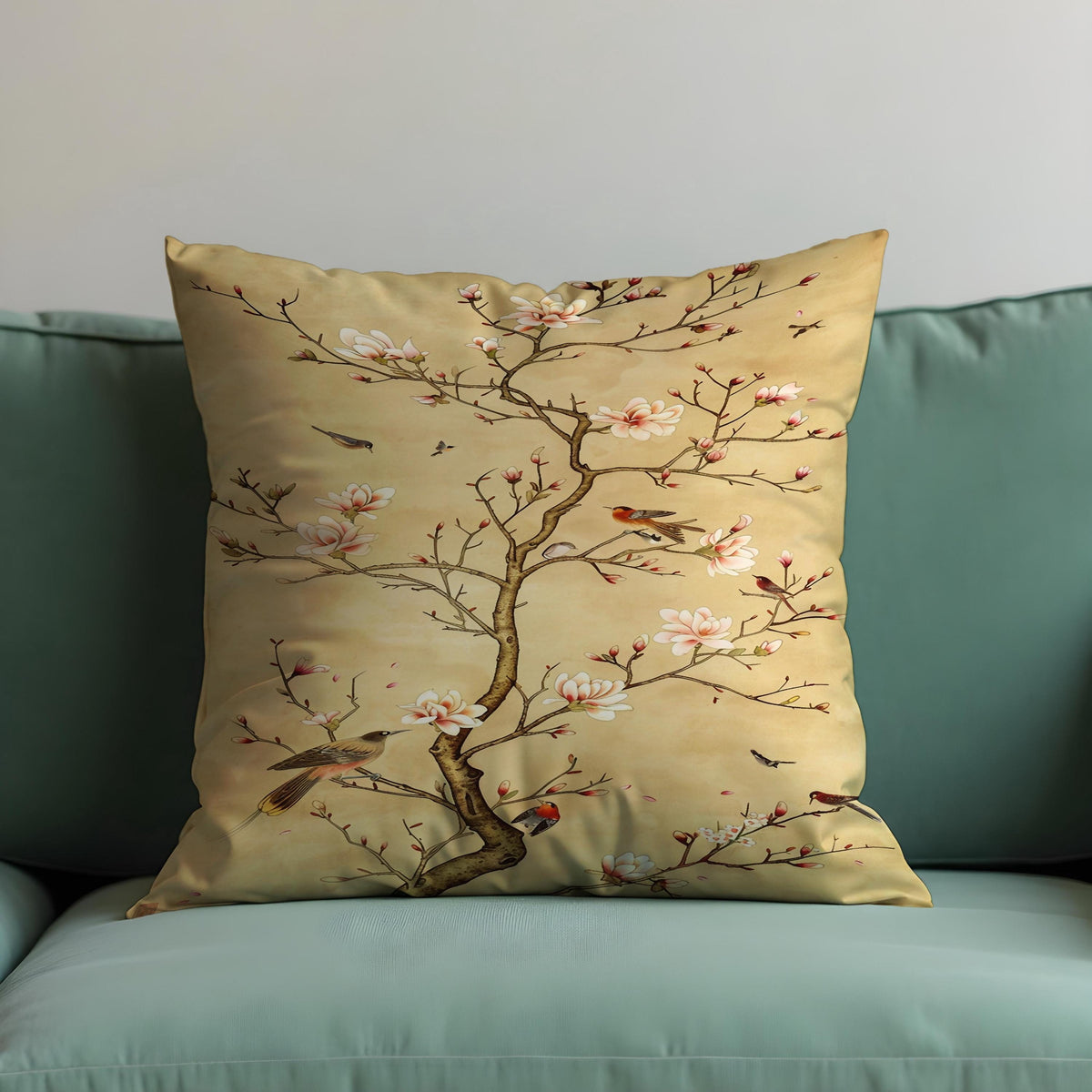 Blossom Bird Cushion Cover, Oriental Floral Pillow Case
