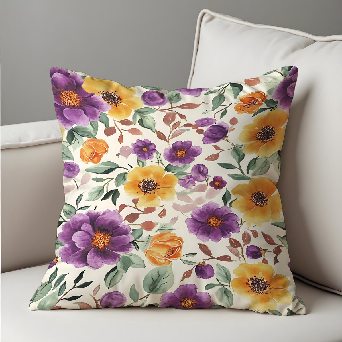 Purple Yellow Floral Cushion Cover, Watercolor Throw Pillow Case